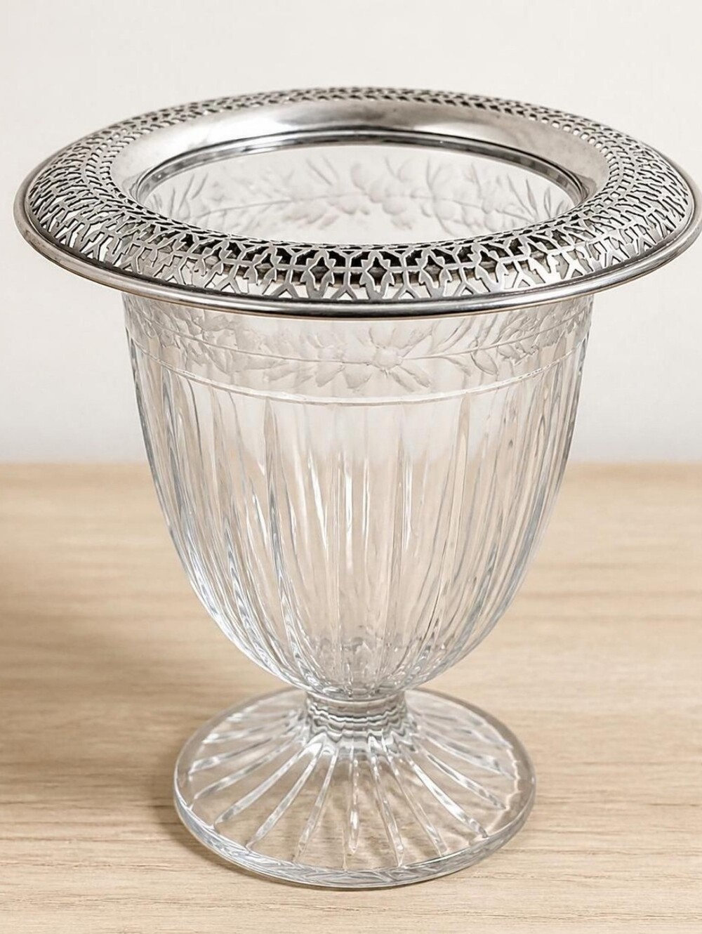Rare Antique Sterling Silver‎ & Etched Cut Crystal Pedestal Vase / Potpourri Jar